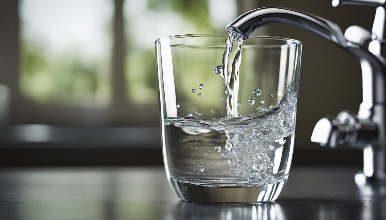 A faucet pouring water into a glass, with the EWG Tapwater Database logo in the background