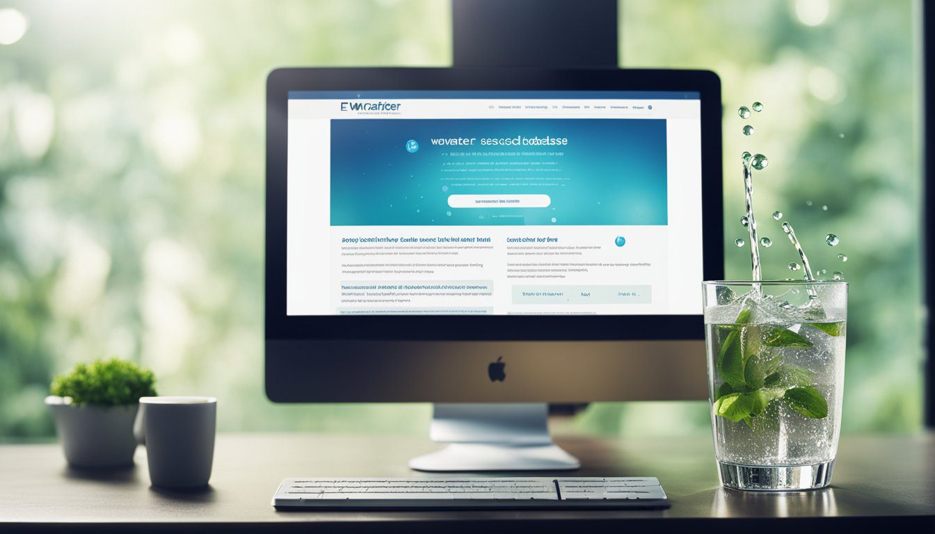 A computer screen displaying the EWG Tapwater Database homepage with a search bar and FAQ section, surrounded by water droplets and a glass of water